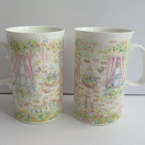 2 Vintage Dunoon England Fine Bone China Mugs 4.5" Floral Cottage *READ* flaws